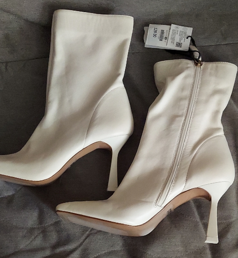 Zara White Stiletto Heeled Boots Ankle-Length